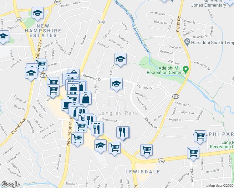 map of restaurants, bars, coffee shops, grocery stores, and more near 8151 15th Avenue in Hyattsville