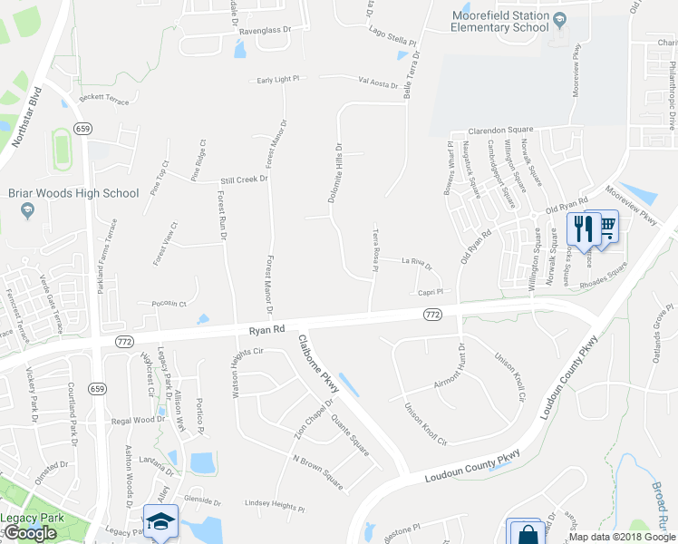 map of restaurants, bars, coffee shops, grocery stores, and more near 22411 Dolomite Hills Drive in Ashburn