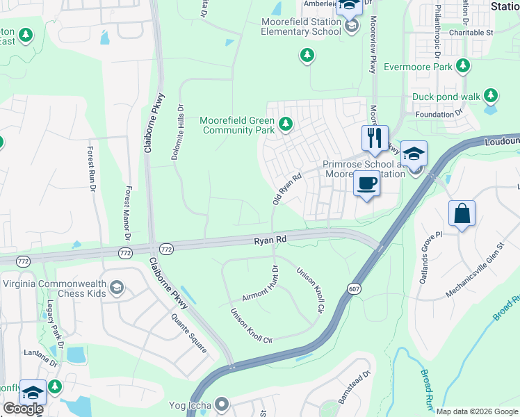 map of restaurants, bars, coffee shops, grocery stores, and more near 43072 La Riva Dr in Ashburn