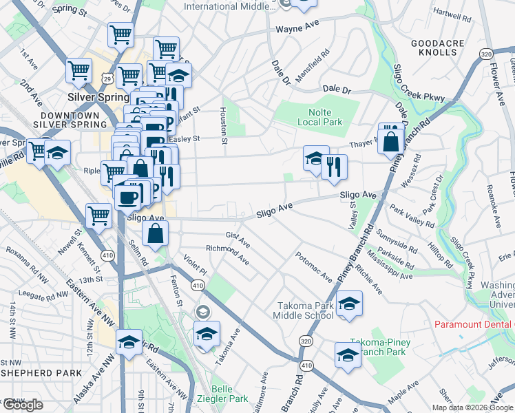 map of restaurants, bars, coffee shops, grocery stores, and more near 715 Sligo Avenue in Silver Spring