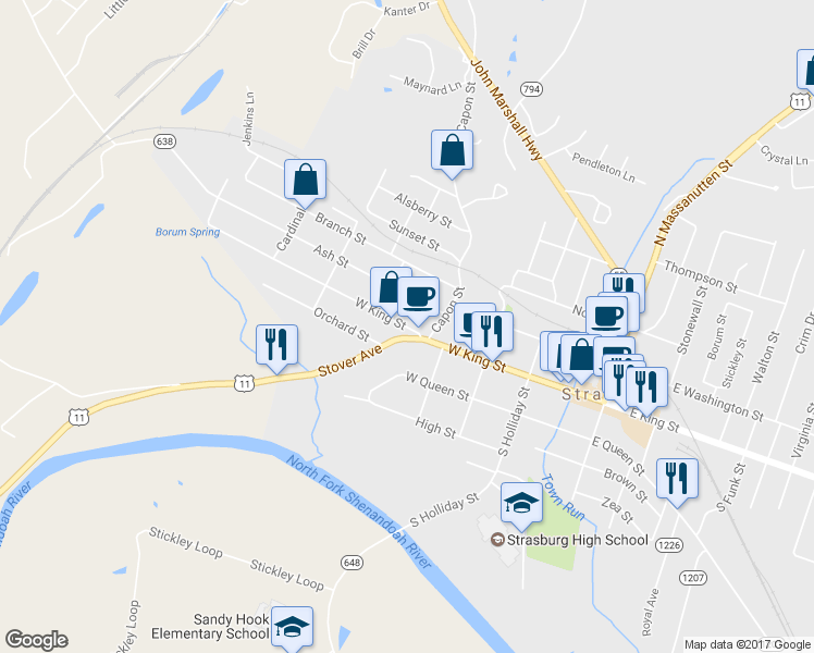 map of restaurants, bars, coffee shops, grocery stores, and more near 340 West King Street in Strasburg