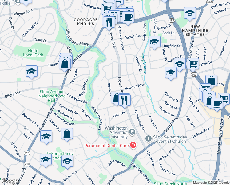 map of restaurants, bars, coffee shops, grocery stores, and more near 705 Houston Avenue in Takoma Park