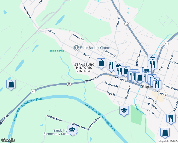 map of restaurants, bars, coffee shops, grocery stores, and more near 467 Orchard Street in Strasburg