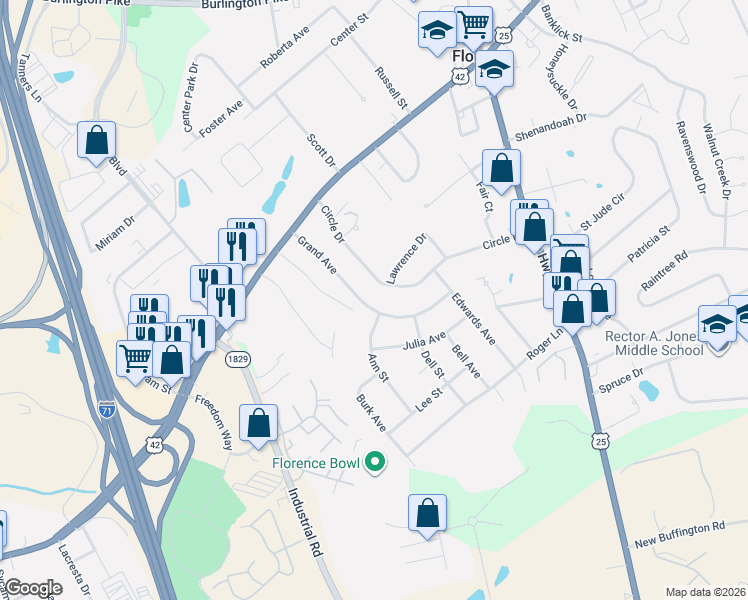 map of restaurants, bars, coffee shops, grocery stores, and more near 34 Grand Avenue in Florence