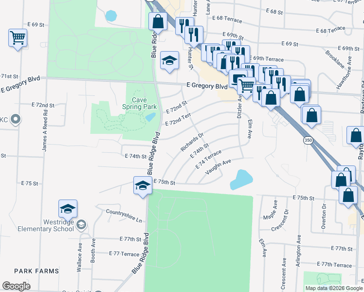 map of restaurants, bars, coffee shops, grocery stores, and more near 8903 East 73rd Street in Raytown