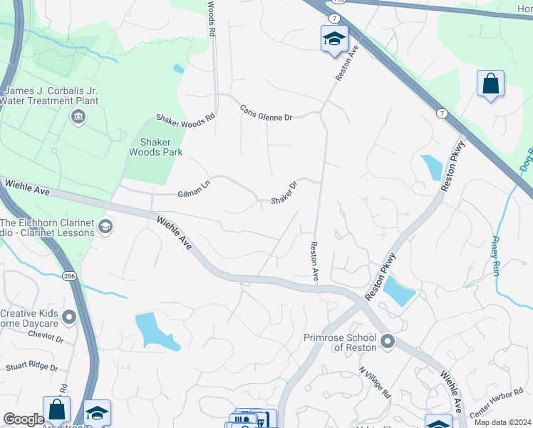 map of restaurants, bars, coffee shops, grocery stores, and more near 1219 Shaker Drive in Herndon