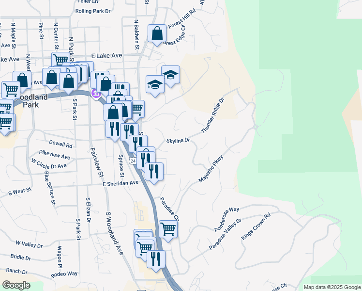 map of restaurants, bars, coffee shops, grocery stores, and more near 661 Skyline Drive in Woodland Park