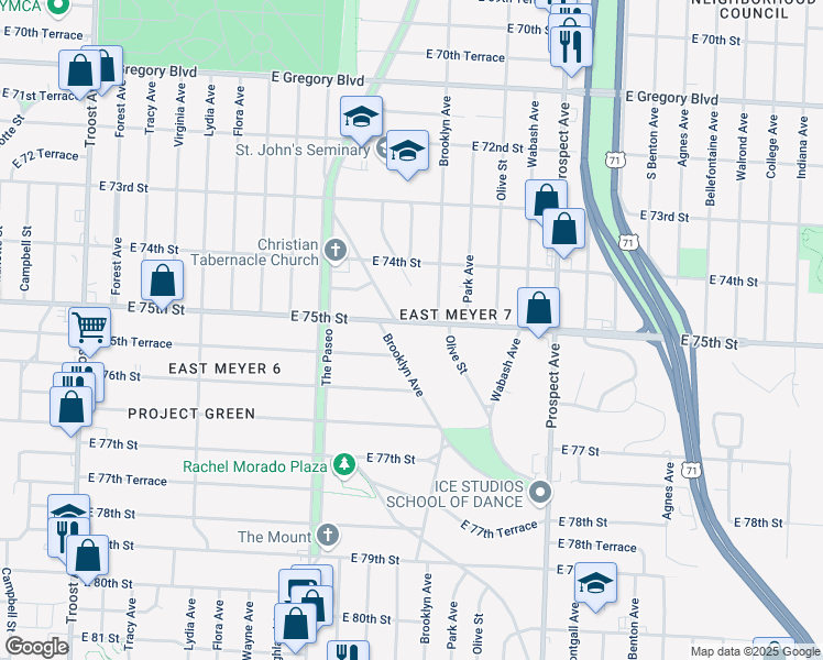 map of restaurants, bars, coffee shops, grocery stores, and more near 2205 East 75th Street in Kansas City