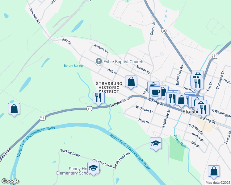 map of restaurants, bars, coffee shops, grocery stores, and more near 467 Orchard Street in Strasburg