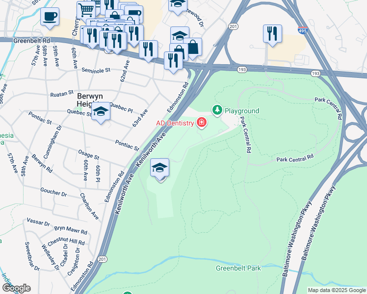 map of restaurants, bars, coffee shops, grocery stores, and more near 6022 Westchester Park Drive in College Park