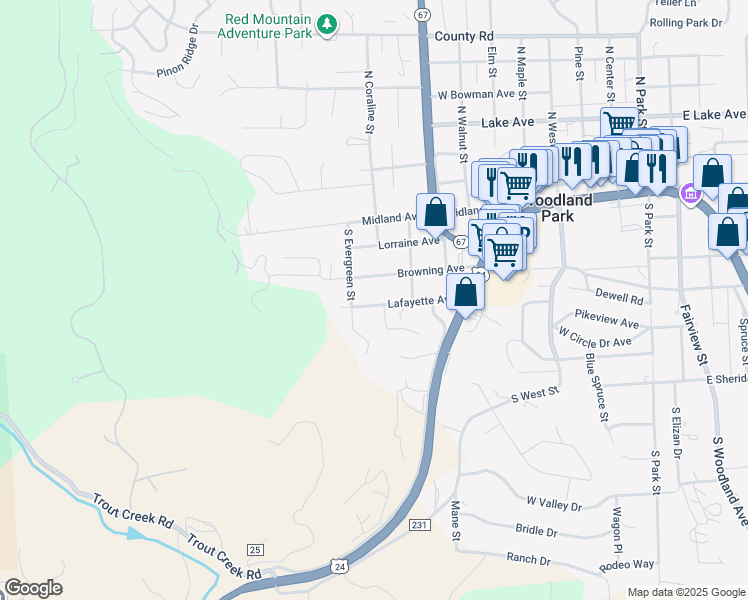 map of restaurants, bars, coffee shops, grocery stores, and more near 1006 Lafayette Avenue in Woodland Park