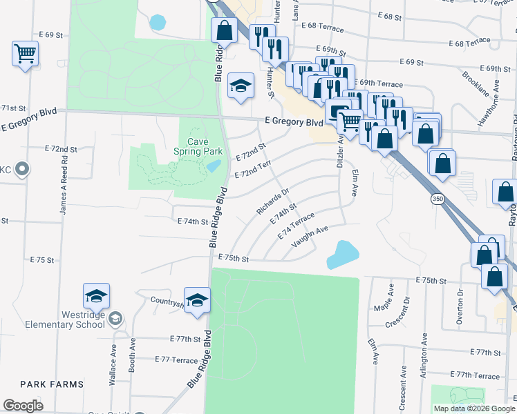 map of restaurants, bars, coffee shops, grocery stores, and more near 8903 East 73rd Street in Raytown