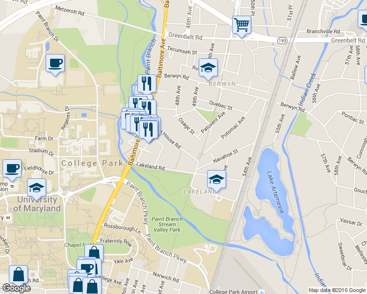 map of restaurants, bars, coffee shops, grocery stores, and more near 4800 Berwyn House Road in College Park