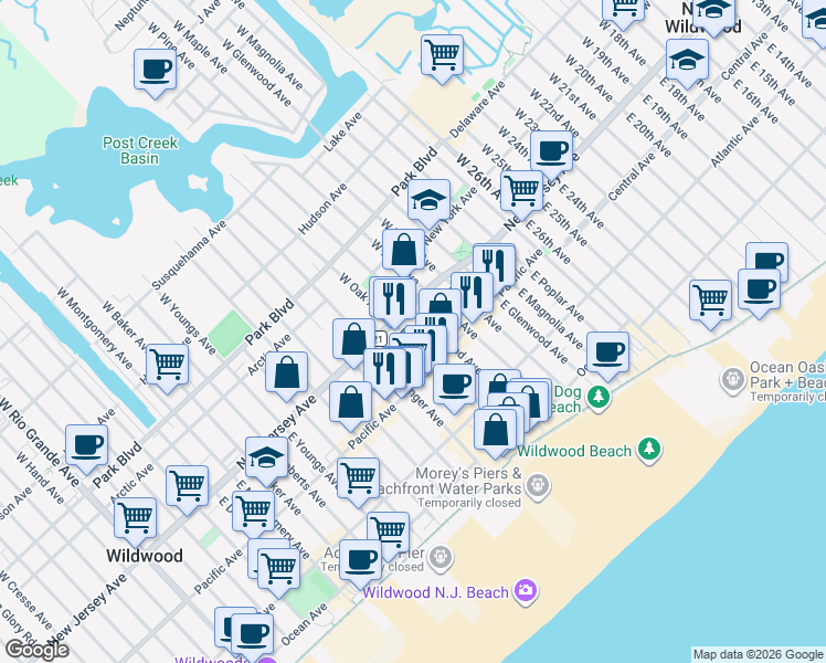 map of restaurants, bars, coffee shops, grocery stores, and more near in Wildwood
