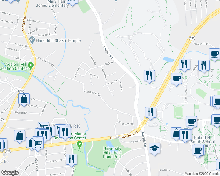 map of restaurants, bars, coffee shops, grocery stores, and more near 8309 Rambler Drive in Adelphi