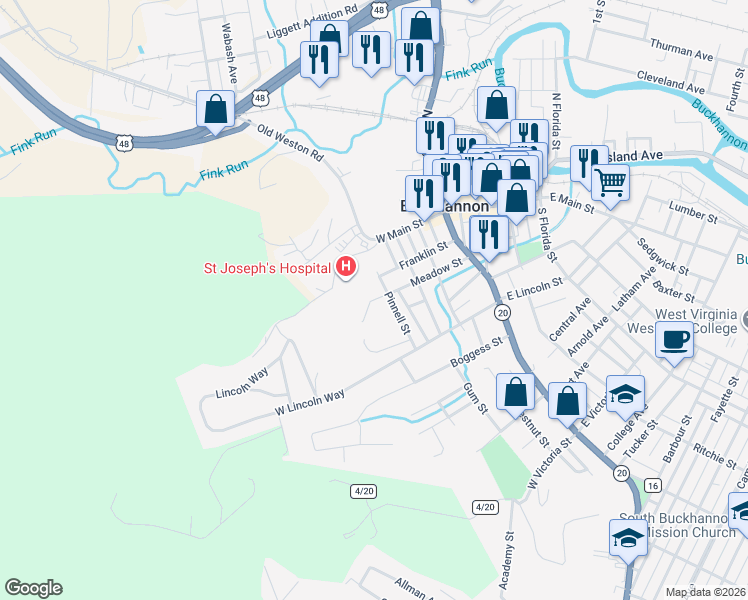 map of restaurants, bars, coffee shops, grocery stores, and more near 10 Pinnell Hill Rd in Buckhannon