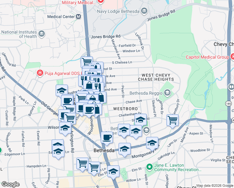 map of restaurants, bars, coffee shops, grocery stores, and more near 4607 West Virginia Avenue in Bethesda