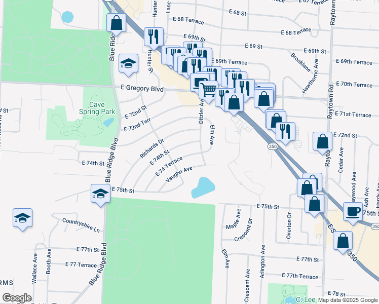 map of restaurants, bars, coffee shops, grocery stores, and more near 9202 East 74 Terrace in Raytown