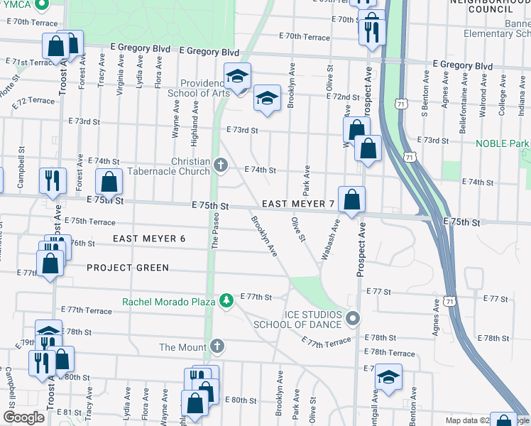 map of restaurants, bars, coffee shops, grocery stores, and more near 2203 East 75th Street in Kansas City