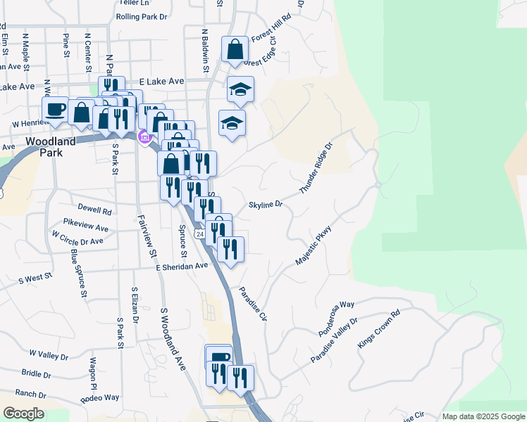 map of restaurants, bars, coffee shops, grocery stores, and more near 661 Skyline Drive in Woodland Park