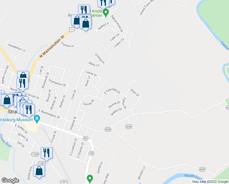 map of restaurants, bars, coffee shops, grocery stores, and more near 455 Stone Circle in Strasburg