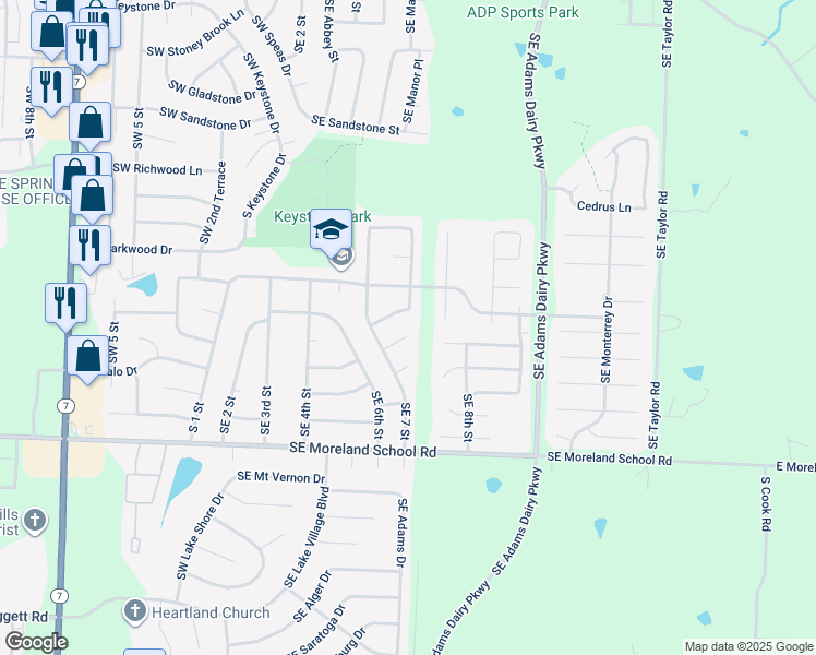 map of restaurants, bars, coffee shops, grocery stores, and more near 717 Southeast Diamond Court in Blue Springs