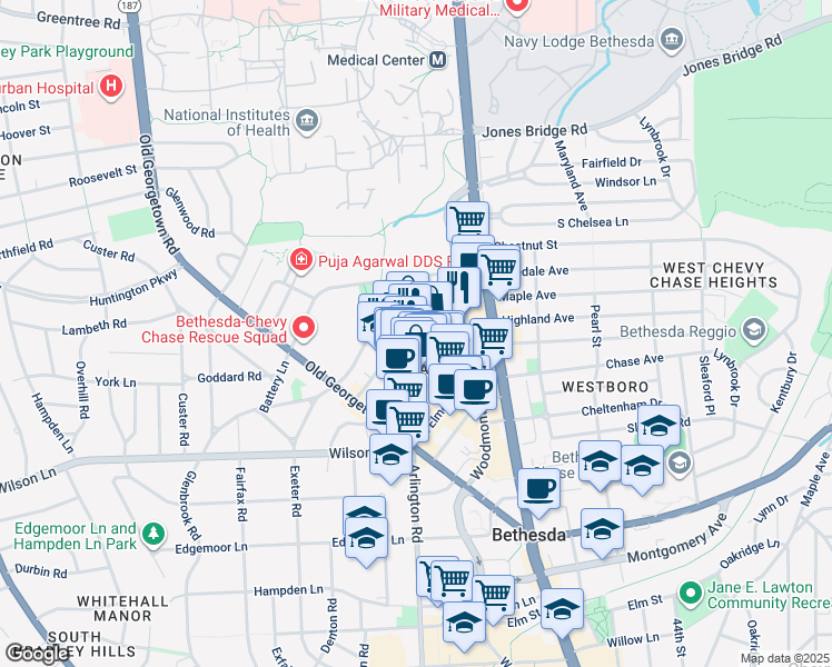 map of restaurants, bars, coffee shops, grocery stores, and more near 4850 Rugby Avenue in Bethesda