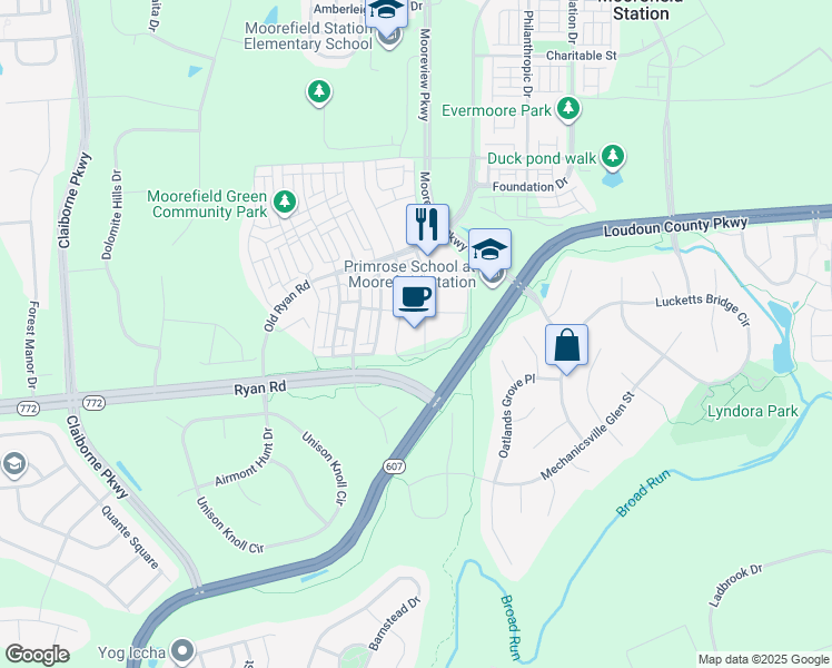 map of restaurants, bars, coffee shops, grocery stores, and more near 22621 Amendola Terrace in Ashburn