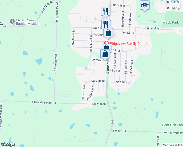 map of restaurants, bars, coffee shops, grocery stores, and more near 302 Southwest 24th Terrace in Oak Grove
