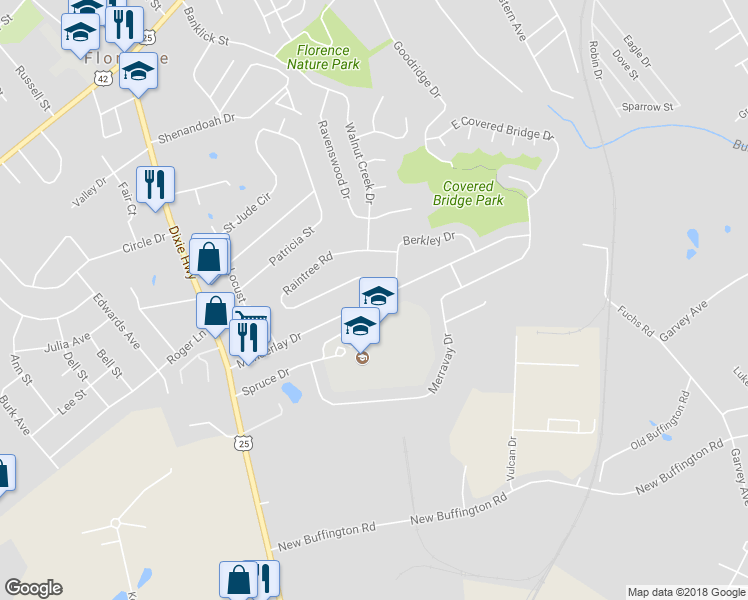 map of restaurants, bars, coffee shops, grocery stores, and more near 7090 Manderlay Drive in Florence