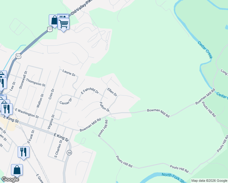 map of restaurants, bars, coffee shops, grocery stores, and more near 41 Ellen Drive in Strasburg