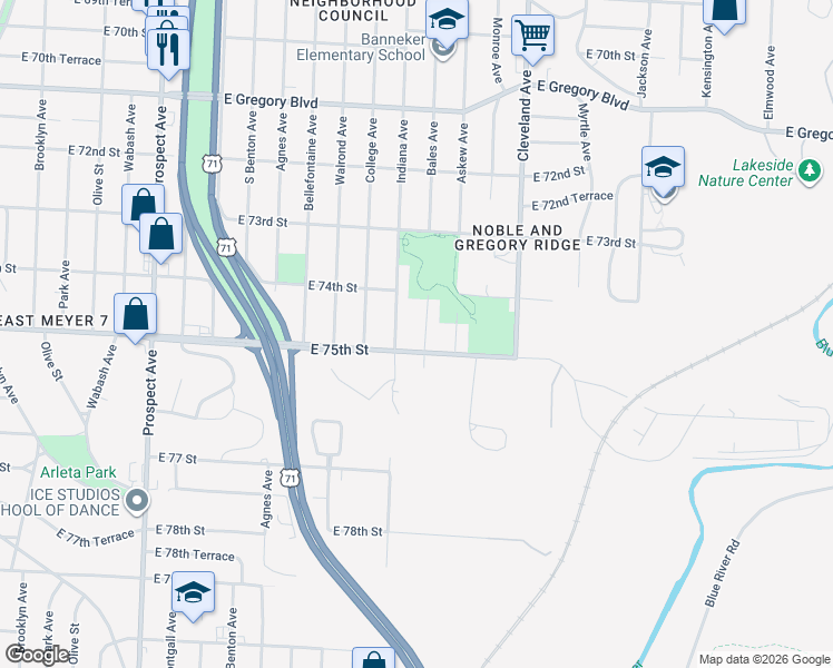 map of restaurants, bars, coffee shops, grocery stores, and more near 7427 Bales Avenue in Kansas City