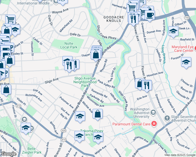 map of restaurants, bars, coffee shops, grocery stores, and more near 6 Park Valley Road in Silver Spring