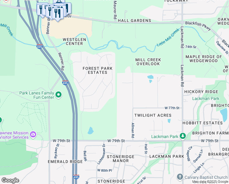 map of restaurants, bars, coffee shops, grocery stores, and more near 7607 Schweiger Street in Shawnee