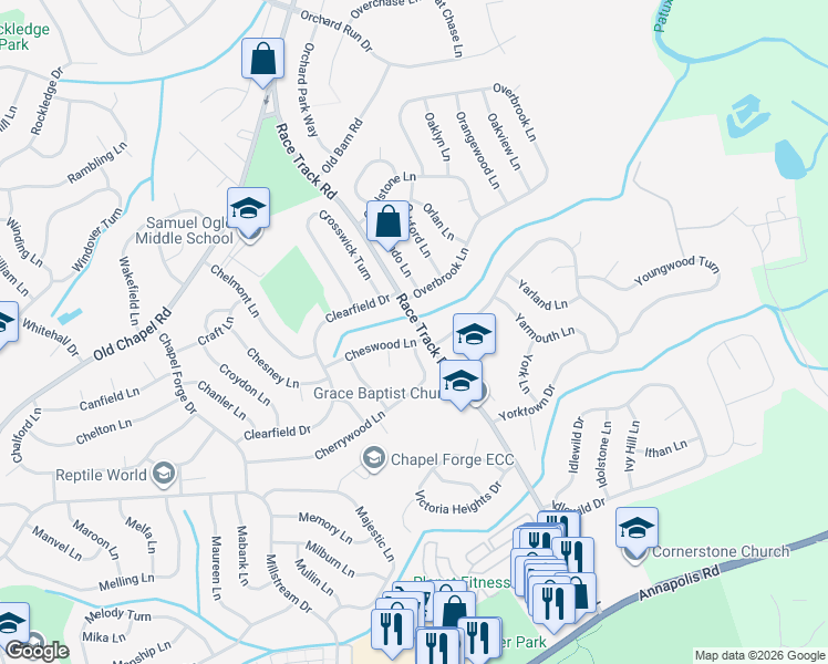 map of restaurants, bars, coffee shops, grocery stores, and more near 13006 Cheswood Ln in Bowie
