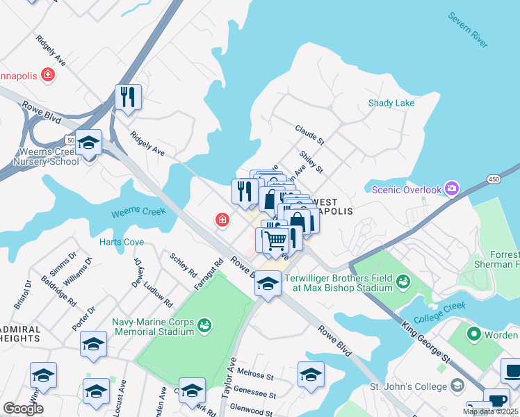 map of restaurants, bars, coffee shops, grocery stores, and more near 201 Annapolis Street in Annapolis
