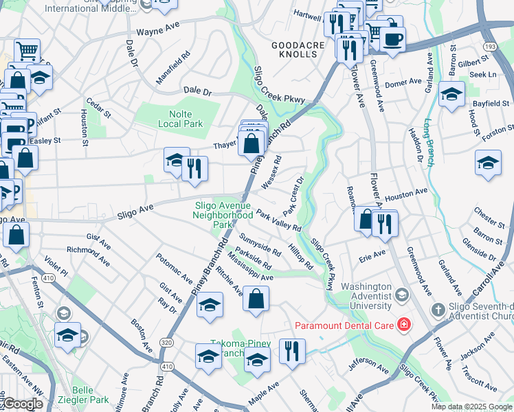 map of restaurants, bars, coffee shops, grocery stores, and more near 6 Park Valley Road in Silver Spring