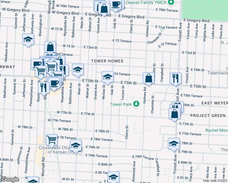 map of restaurants, bars, coffee shops, grocery stores, and more near 7522 Locust Street in Kansas City