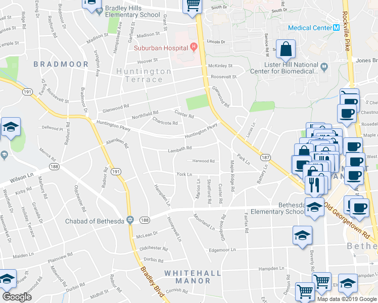 map of restaurants, bars, coffee shops, grocery stores, and more near 5418 Lambeth Rd in Bethesda