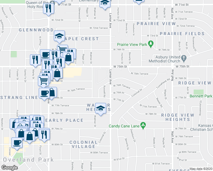 map of restaurants, bars, coffee shops, grocery stores, and more near 7601 Russell Road in Overland Park