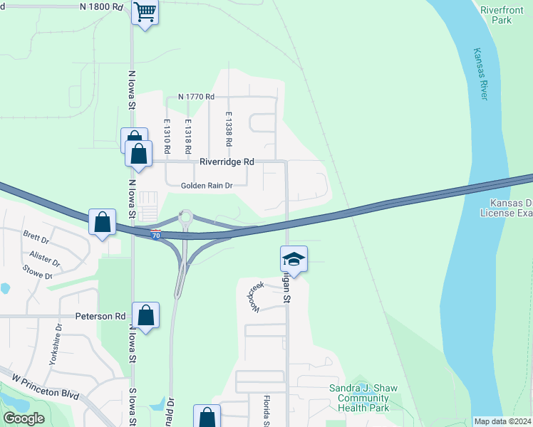 map of restaurants, bars, coffee shops, grocery stores, and more near 2115 Pike's Peek Place in Lawrence