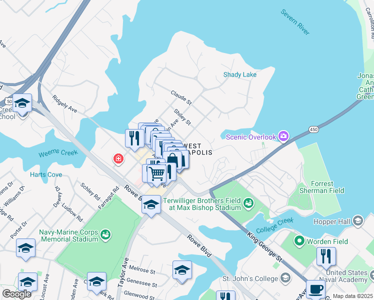 map of restaurants, bars, coffee shops, grocery stores, and more near 9 Tolson Street in Annapolis