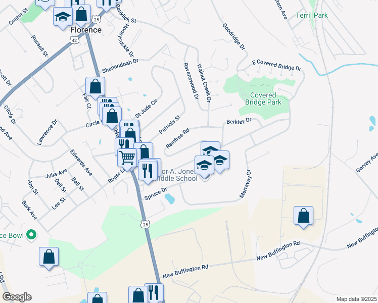 map of restaurants, bars, coffee shops, grocery stores, and more near 117 Raintree Road in Florence