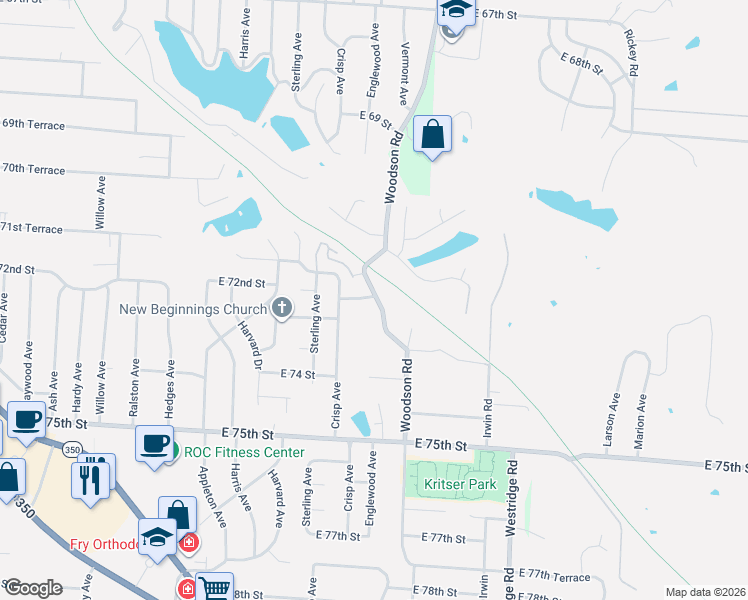 map of restaurants, bars, coffee shops, grocery stores, and more near 11320 East 72 Street in Raytown