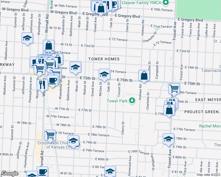 map of restaurants, bars, coffee shops, grocery stores, and more near 7522 Locust Street in Kansas City