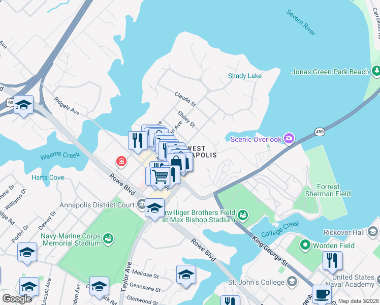 map of restaurants, bars, coffee shops, grocery stores, and more near 9 Tolson Street in Annapolis
