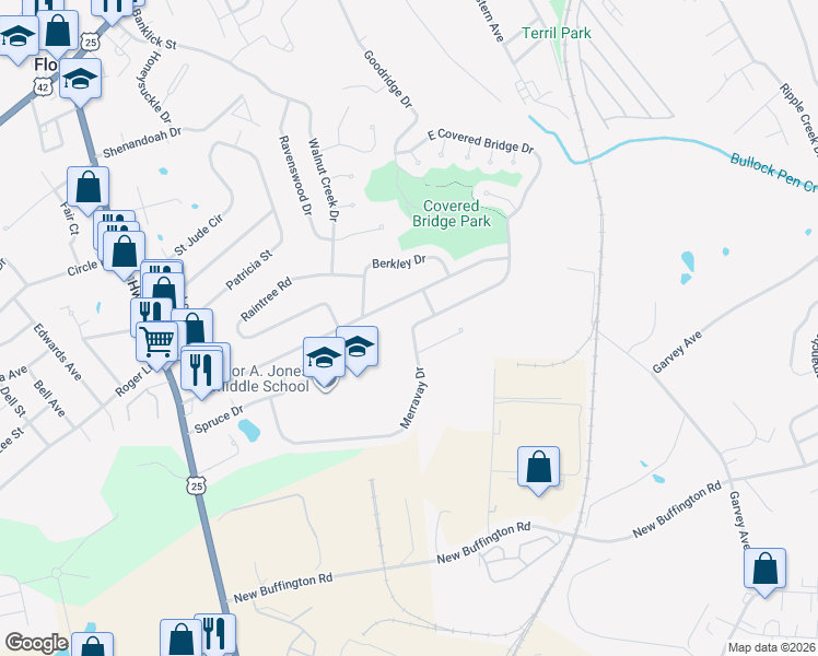 map of restaurants, bars, coffee shops, grocery stores, and more near 375 Merravay Dr in Florence