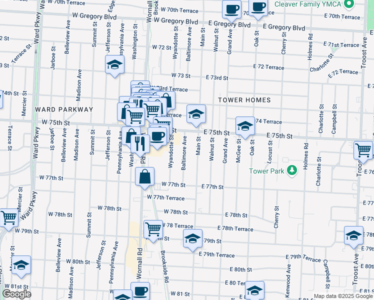 map of restaurants, bars, coffee shops, grocery stores, and more near 7526 Main Street in Kansas City