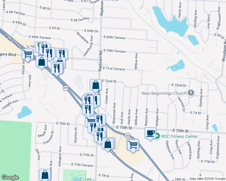 map of restaurants, bars, coffee shops, grocery stores, and more near 7212 Maywood Avenue in Raytown