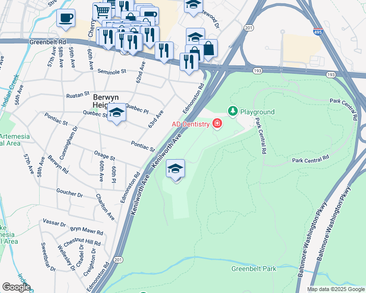 map of restaurants, bars, coffee shops, grocery stores, and more near 5964 Westchester Park Drive in College Park